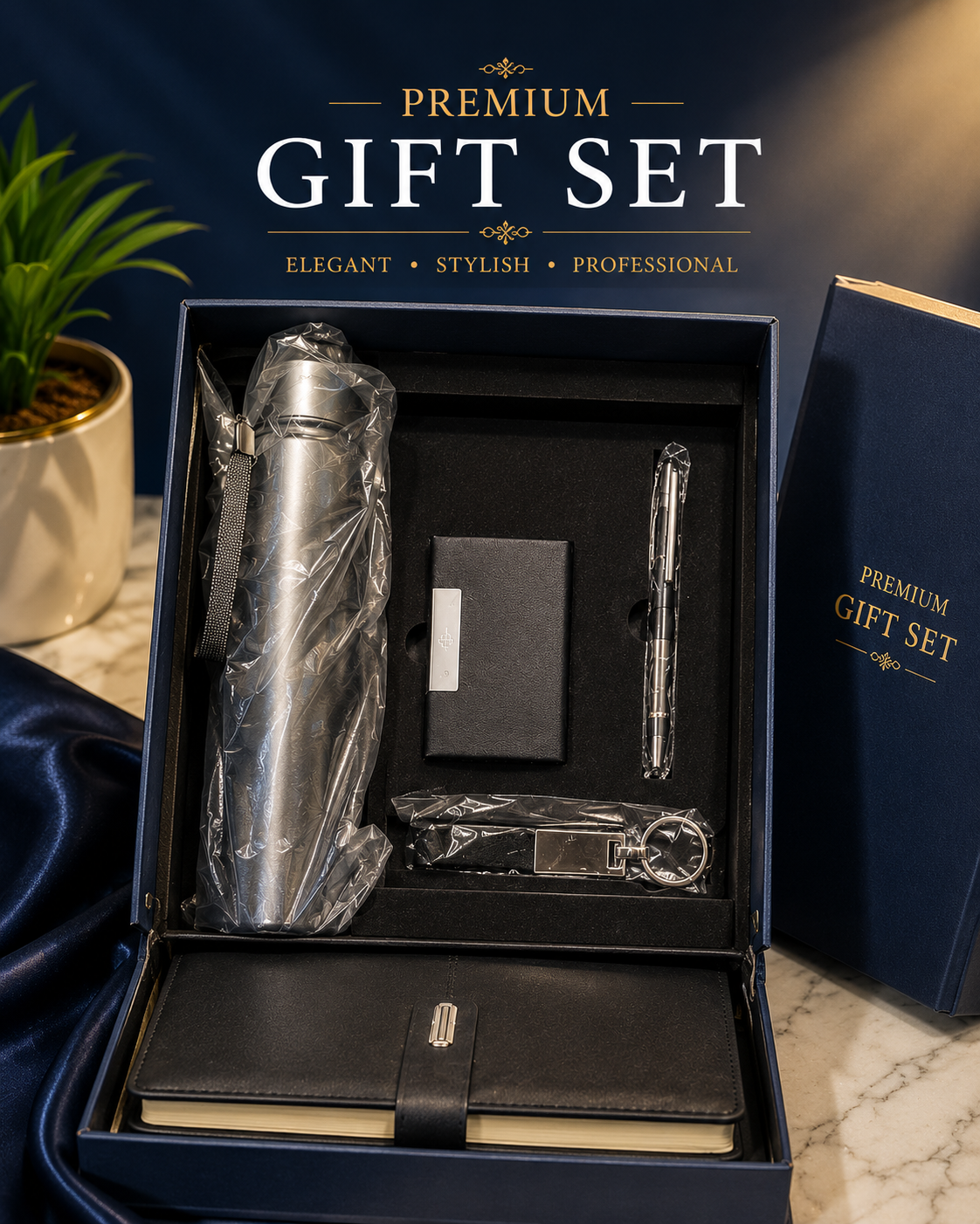 Premium Corporate Gift Set – Bottle, Diary, Pen, Card-holder & Key-chain