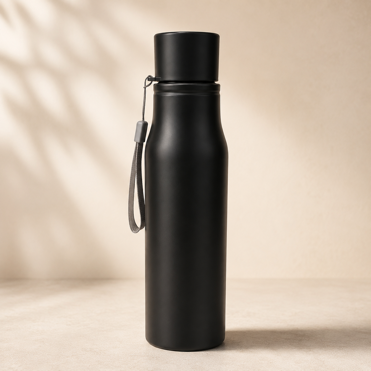 Stainless Steel Water Bottle with Strap (Black) 750 Milliliters