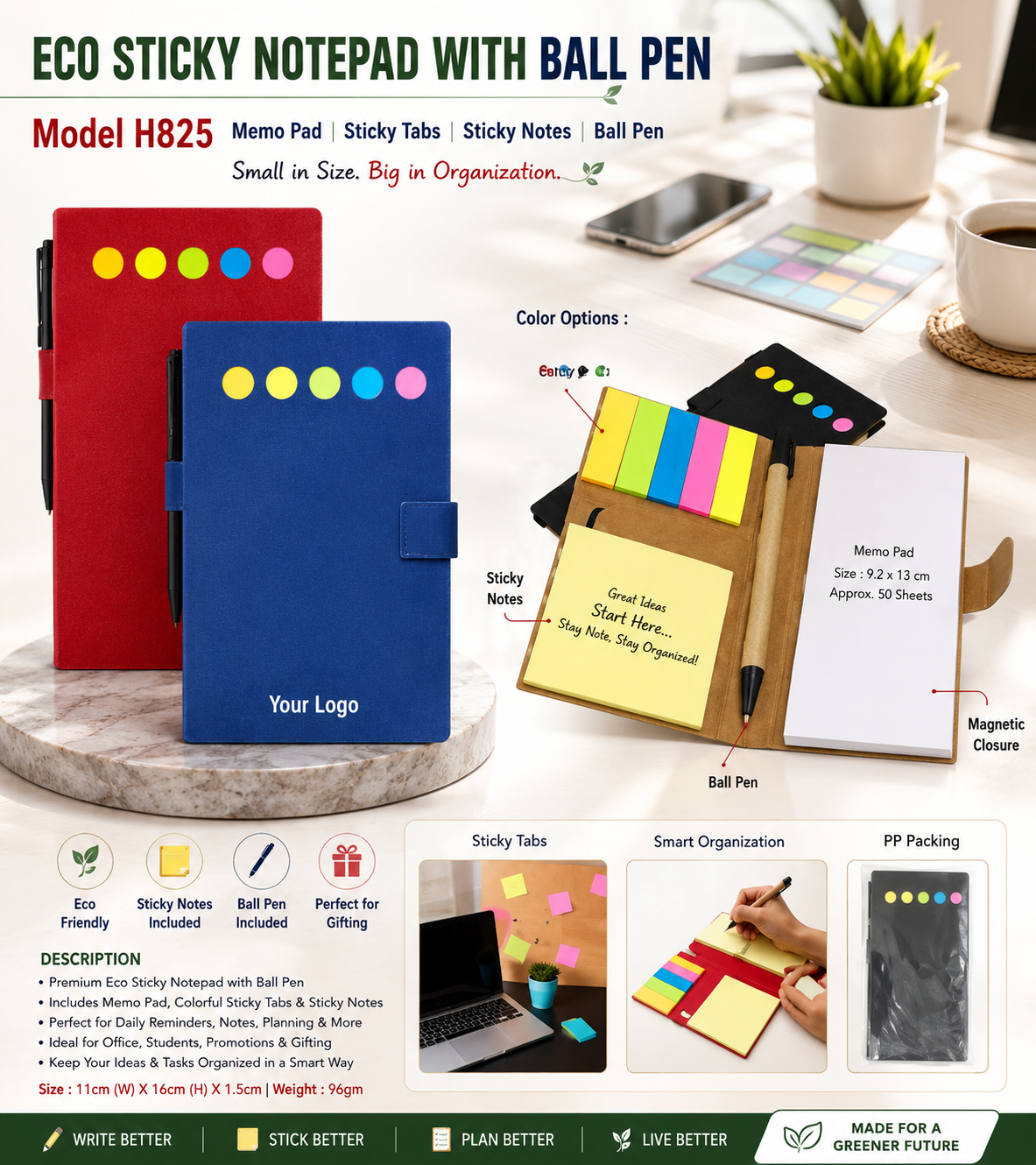 Eco Sticky Notepad with Pen - H825